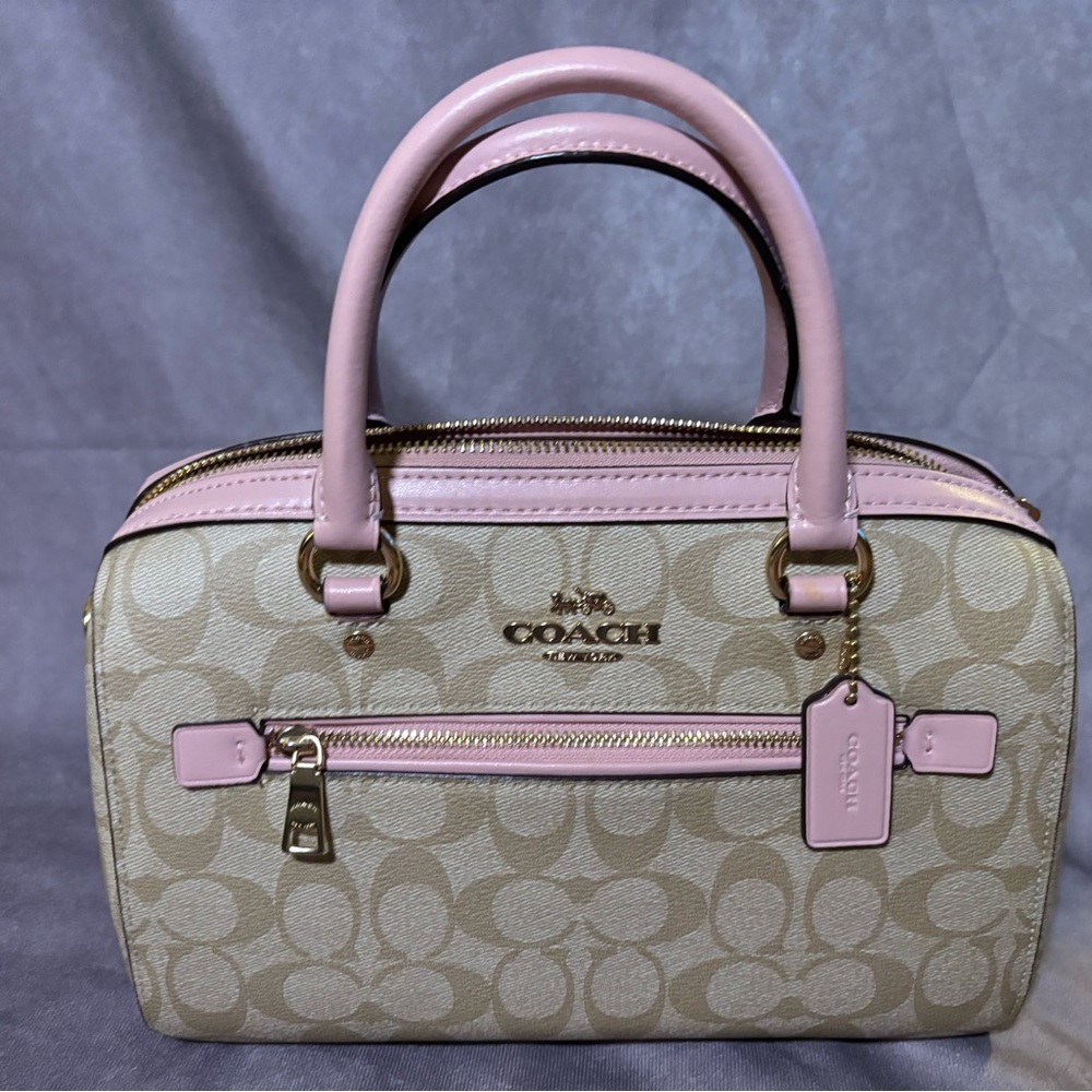 Coach Signature Light Khaki Pink Rowan Satchel